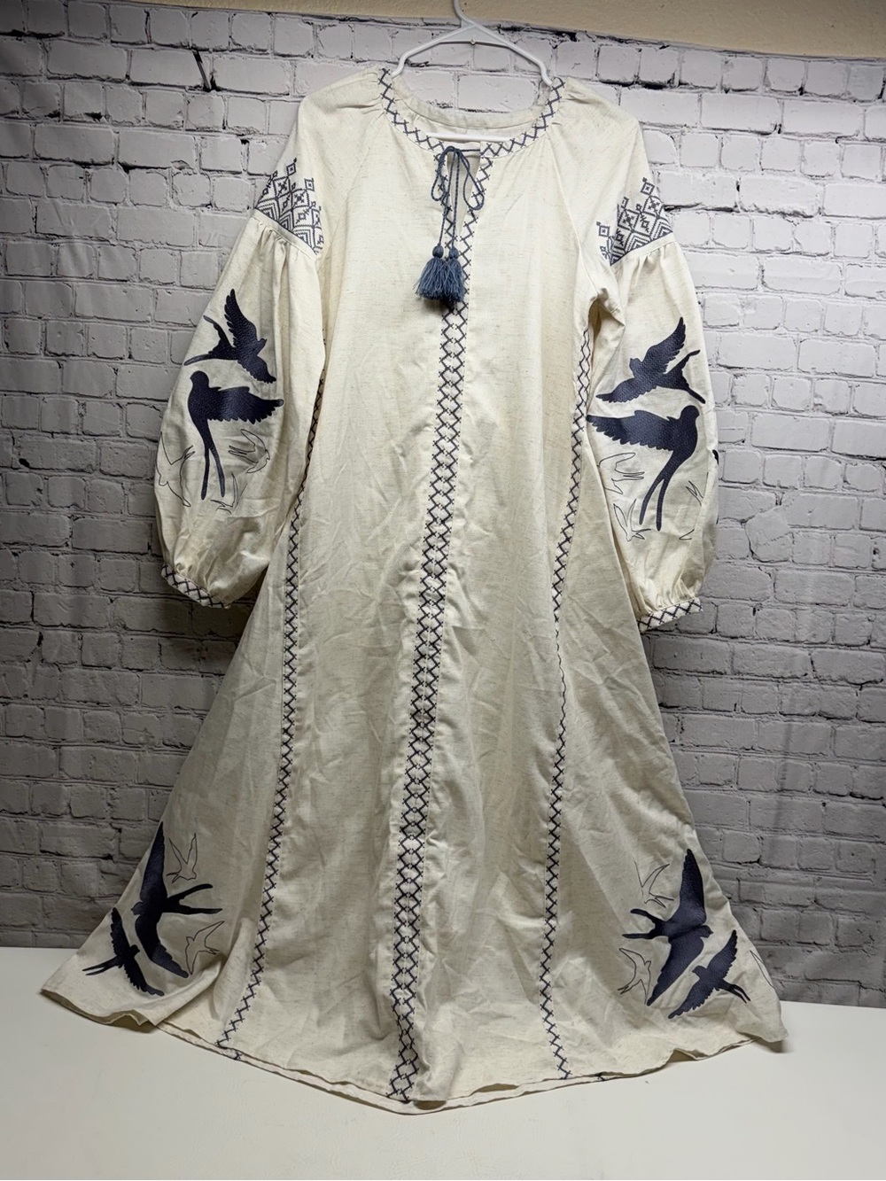 Embroidered Ivory Boho Maxi Dress with Navy Bird Motifs one size